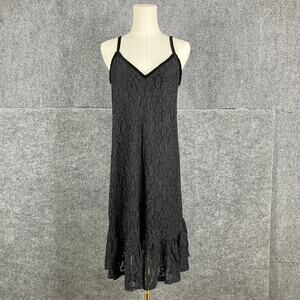 Women's Lace Slip Dress Black Midi Size S Spaghetti Strap V-Neck Ruffle Hem